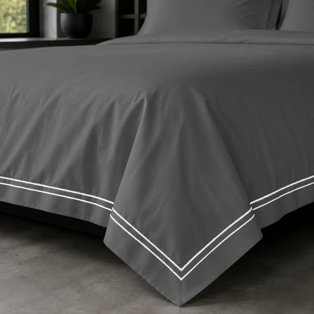 Grey Oxford duvet cover set - White Two Row Satin Stitch - on-the-bed corner - Linen and Co