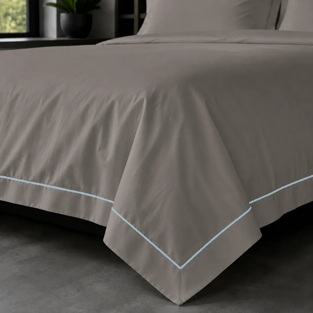 Oxford duvet cover set - Duck Egg One Row Satin Stitch - on-the-bed corner view - Linen and Co