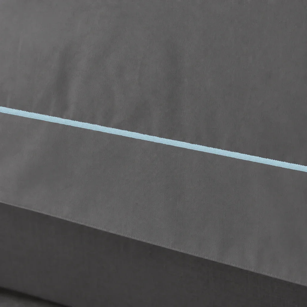 Grey Oxford duvet cover set - Duck Egg One Row Satin Stitch - close-up border - Linen and Co
