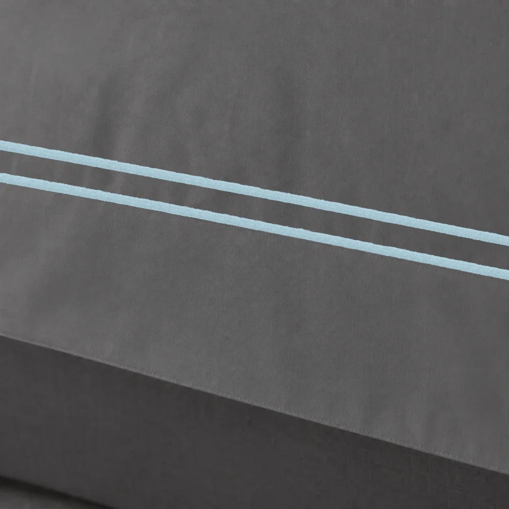 Grey Oxford duvet cover set - Duck Egg Two Row Satin Stitch - close-up border - Linen and Co