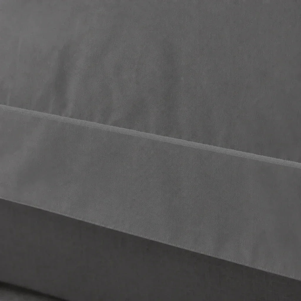 Grey cotton 200TC Oxford duvet cover set with grey one-row satin stitch – close up view | Linen & Co