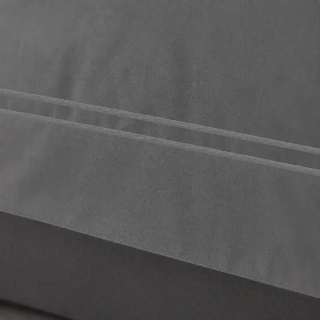 Grey cotton 200TC Oxford duvet cover set with grey two-row satin stitch – close up view | Linen & Co