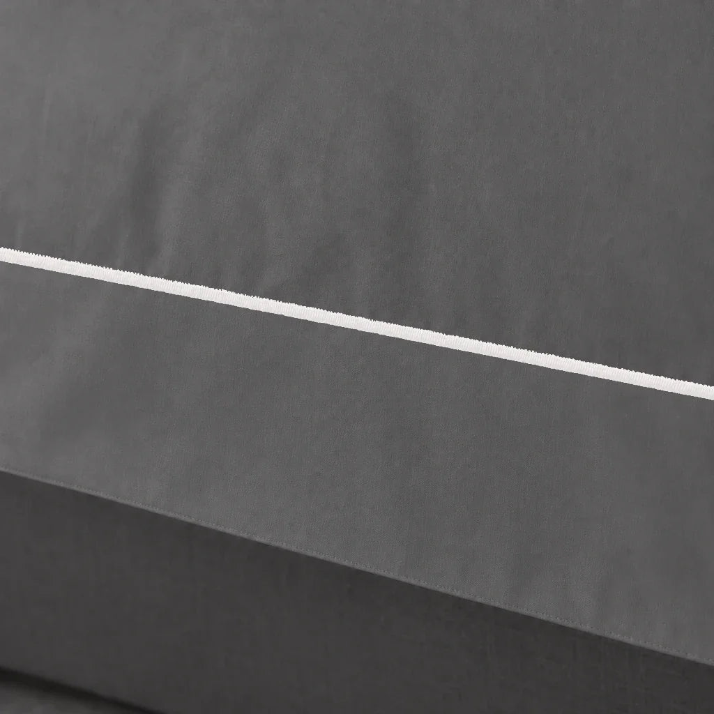 Grey Oxford duvet cover set - Cream One Row Satin Stitch - close-up border - Linen and Co