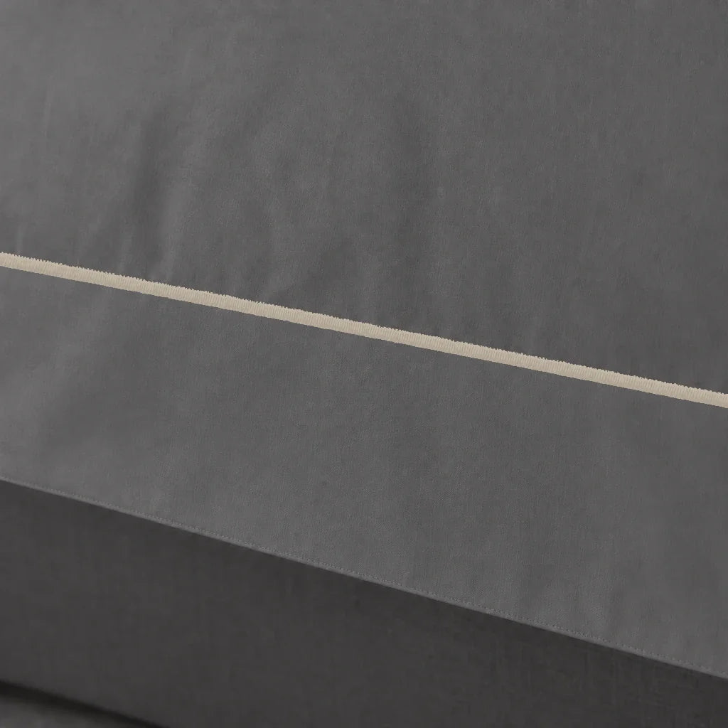 Grey Oxford duvet cover set - Stone One Row Satin Stitch - close-up border - Linen and Co