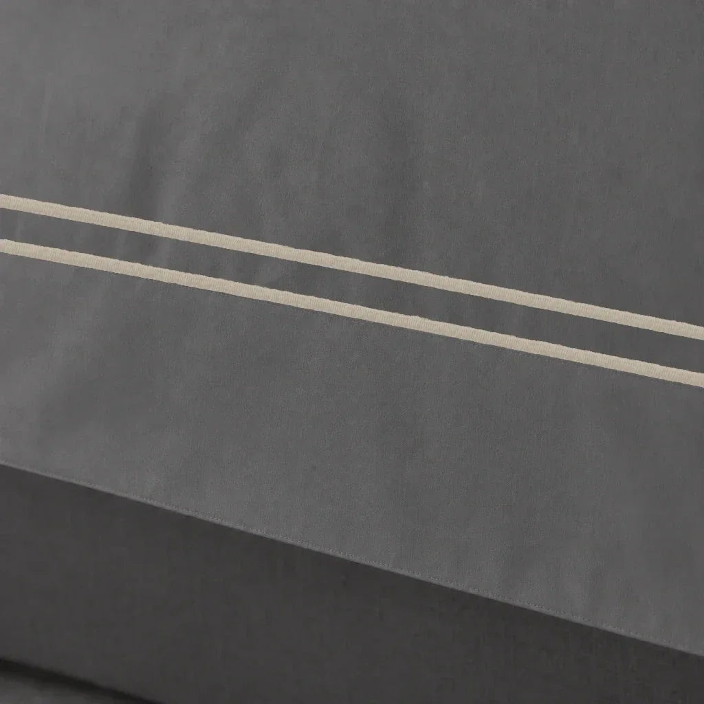 Grey cotton 200TC Oxford duvet cover set with stone two-row satin stitch – close up view | Linen & Co