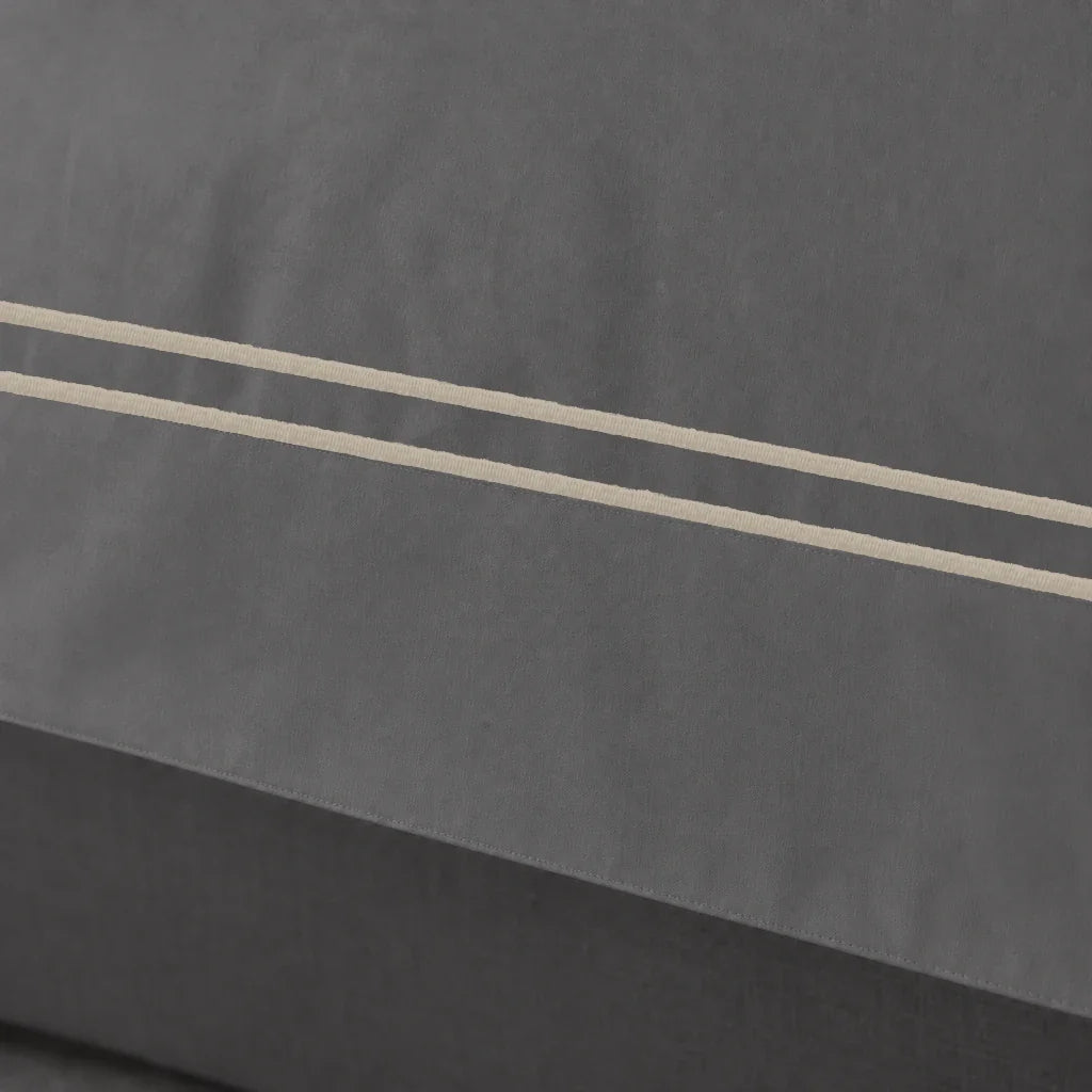 Grey Oxford duvet cover set - Stone Two Row Satin Stitch - close-up border - Linen and Co