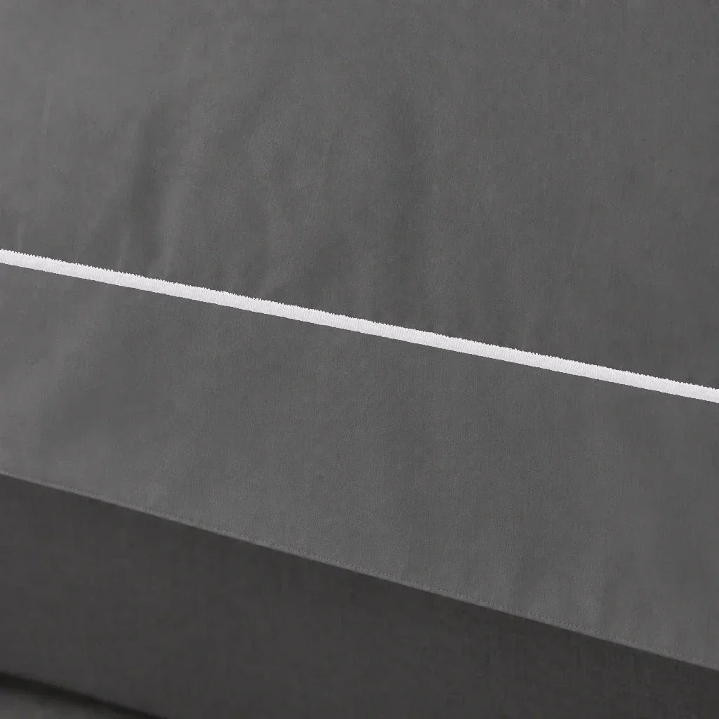 Grey cotton 200TC Oxford duvet cover set with white one-row satin stitch – close up view | Linen & Co