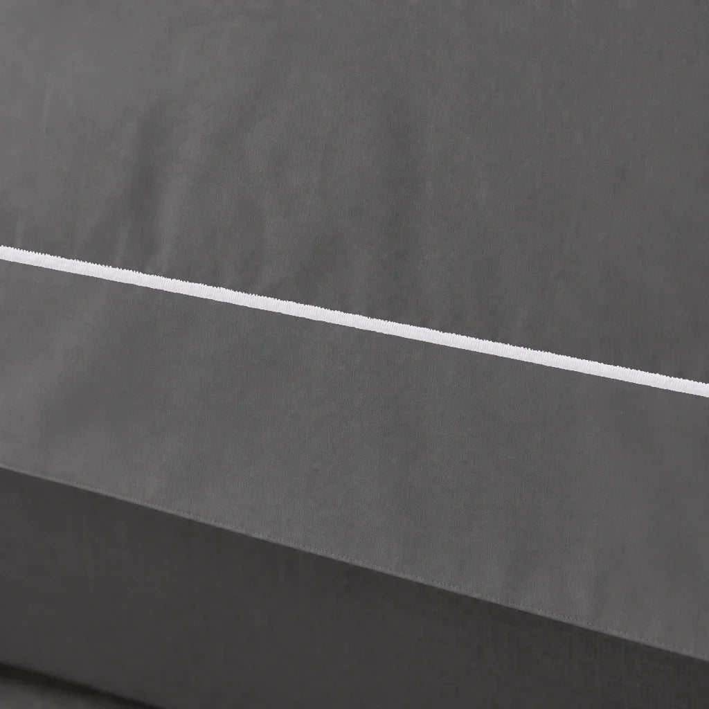 Grey Oxford duvet cover set - White One Row Satin Stitch - close-up border - Linen and Co