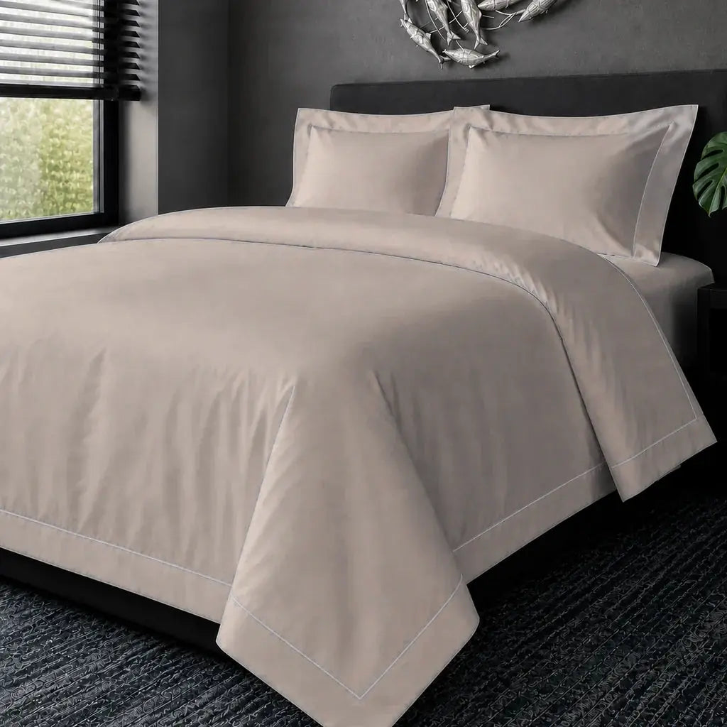 Stone Cotton 200TC Oxford duvet cover set with white one-row satin stitch, hero view.
