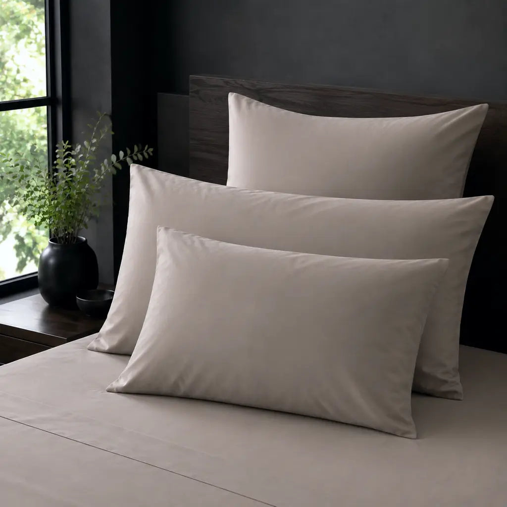 Stone Polycotton Percale 200TC Standard, King and Continental plain pillowcases on a bed.