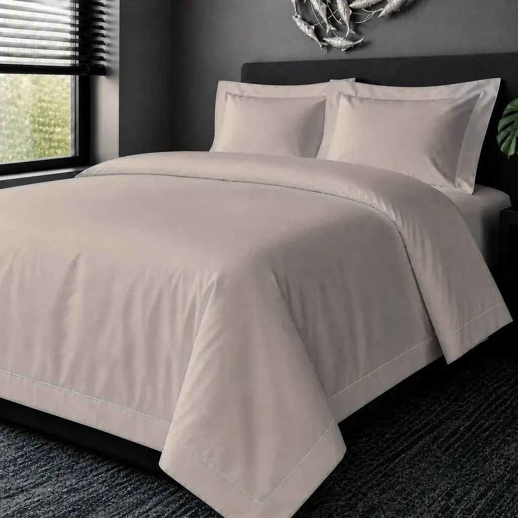 Stone Cotton 200TC Oxford duvet cover set with cream one-row satin stitch, hero view.