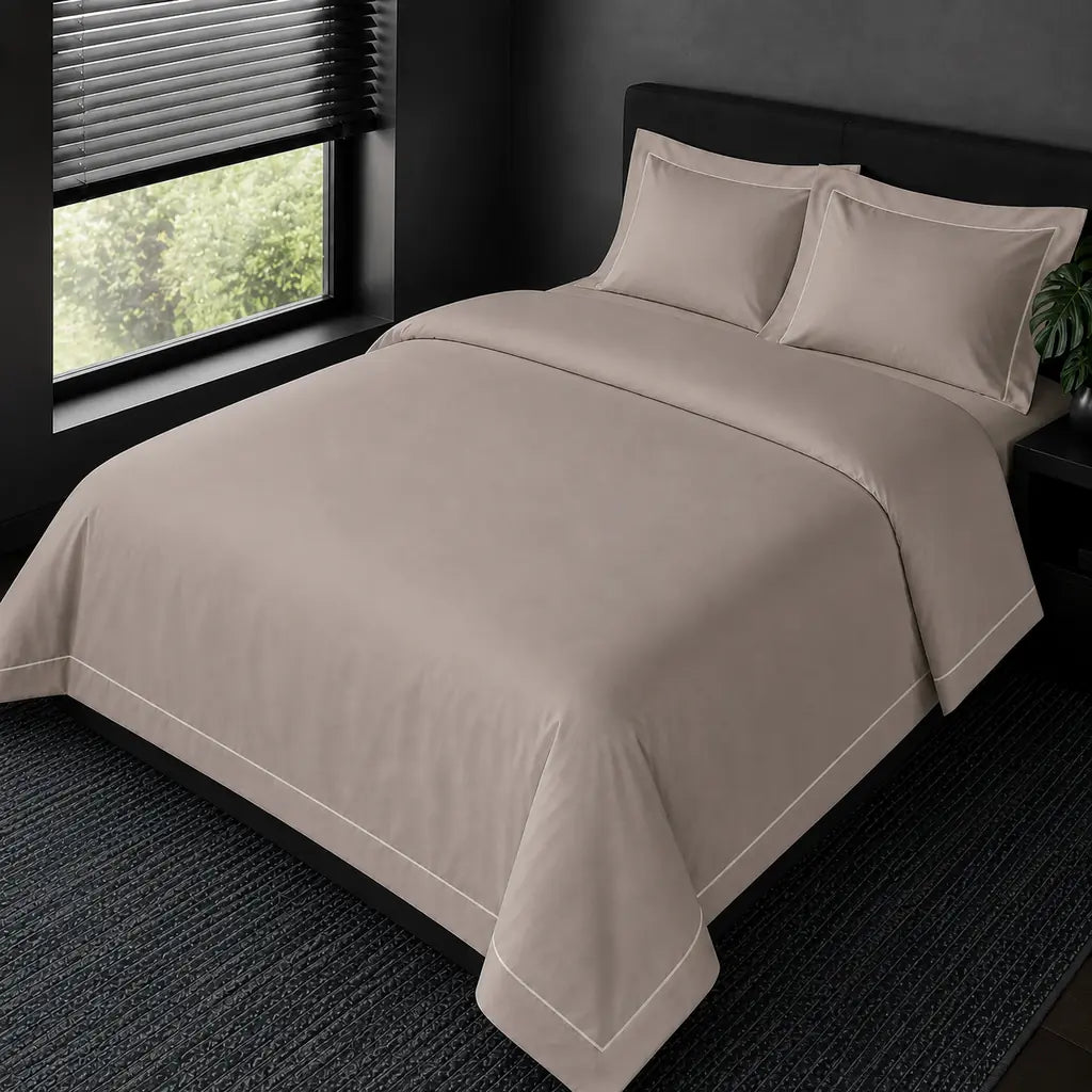 Alternative view of the Stone Cotton 200TC Oxford duvet cover set with cream one-row satin stitch.