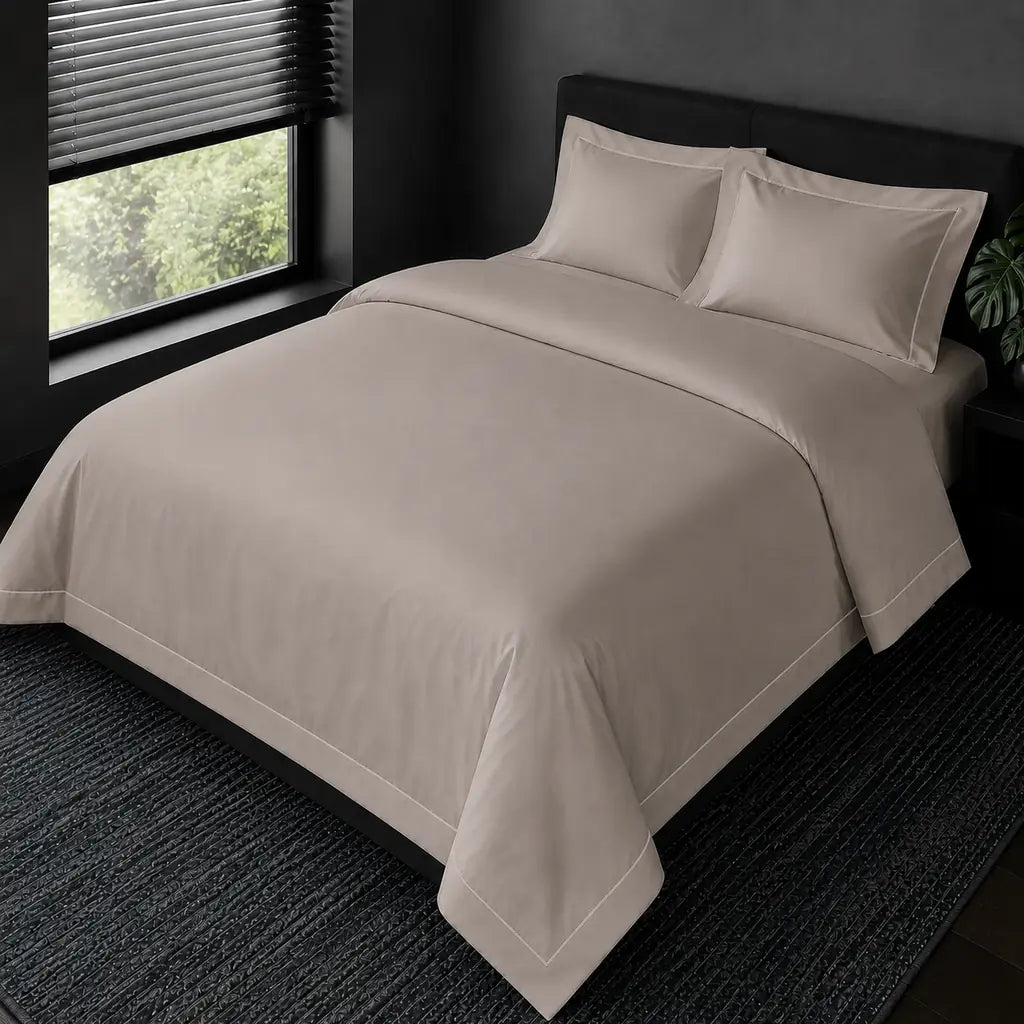 Alternative view of the Stone Cotton 200TC Oxford duvet cover set with stone one-row satin stitch.