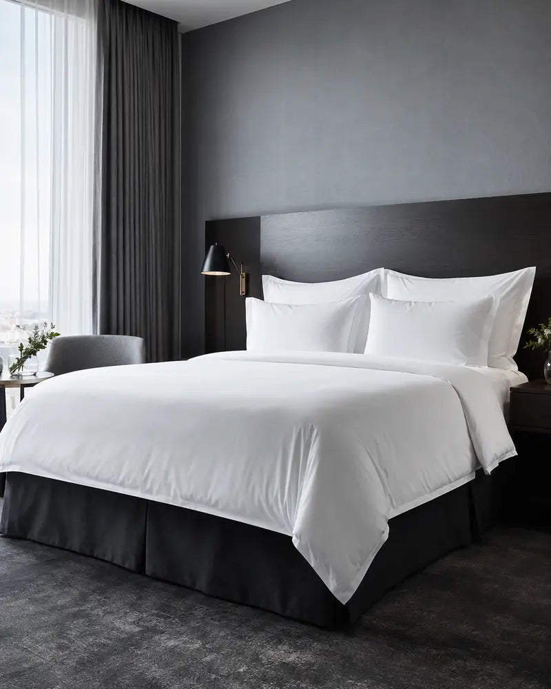 Crisp white hospitality bed linen in a boutique hotel room