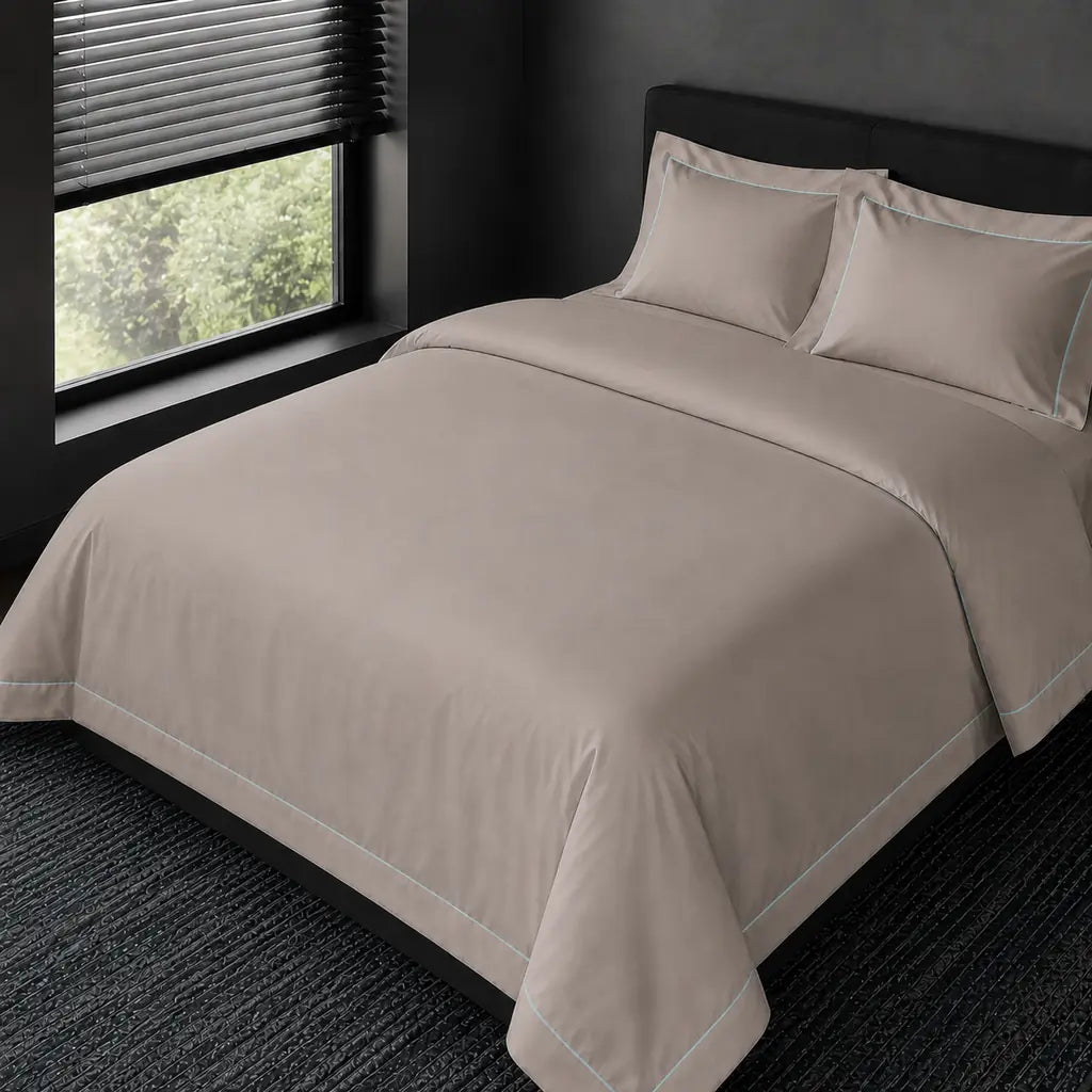 Alternative view of the Stone Cotton 200TC Oxford duvet cover set with Duck Egg one-row satin stitch.