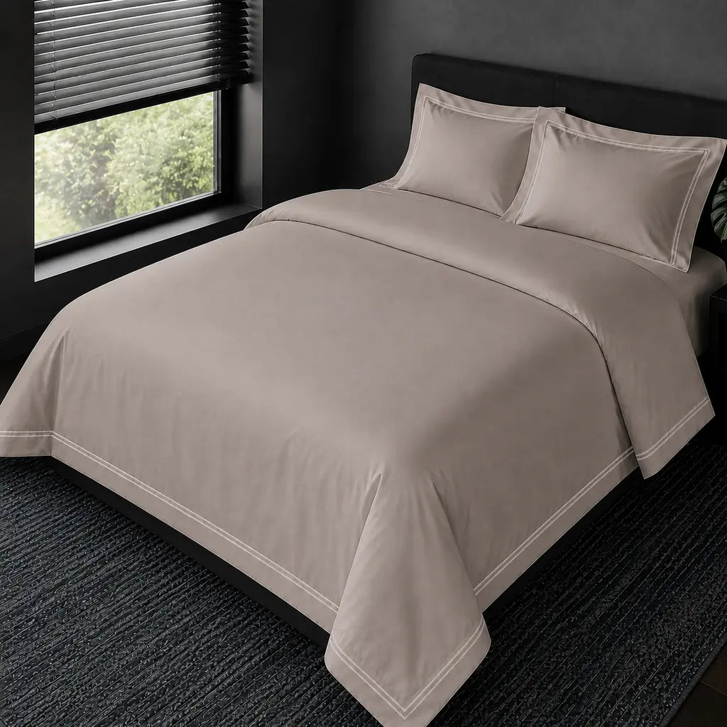 Alternative view of the Stone Cotton 200TC Oxford duvet cover set with cream two-row satin stitch.