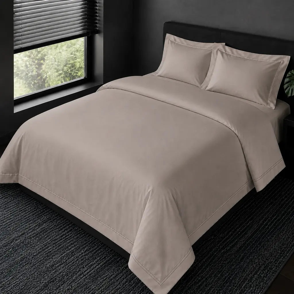 Alternative view of the Stone Cotton 200TC Oxford duvet cover set with stone two-row satin stitch.