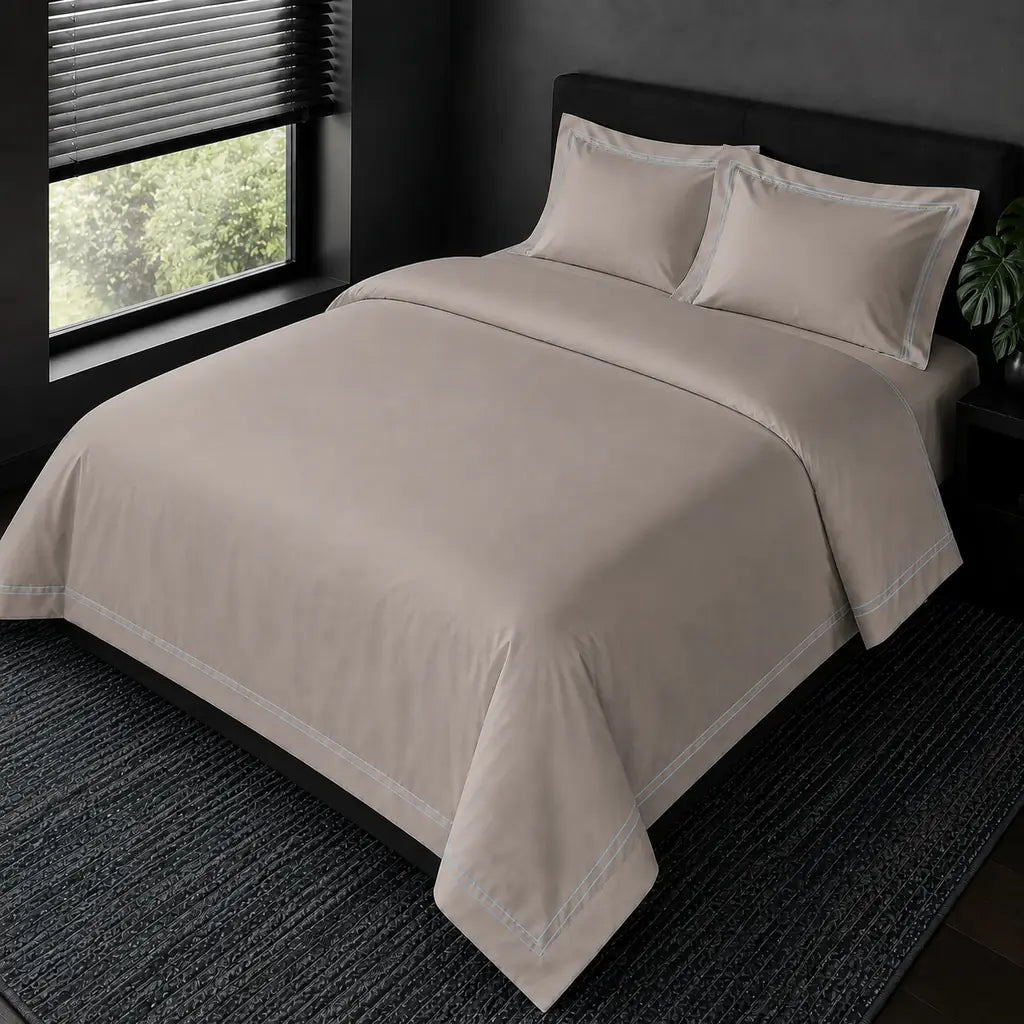 Alternative view of the Stone Cotton 200TC Oxford duvet cover set with Duck Egg two-row satin stitch.