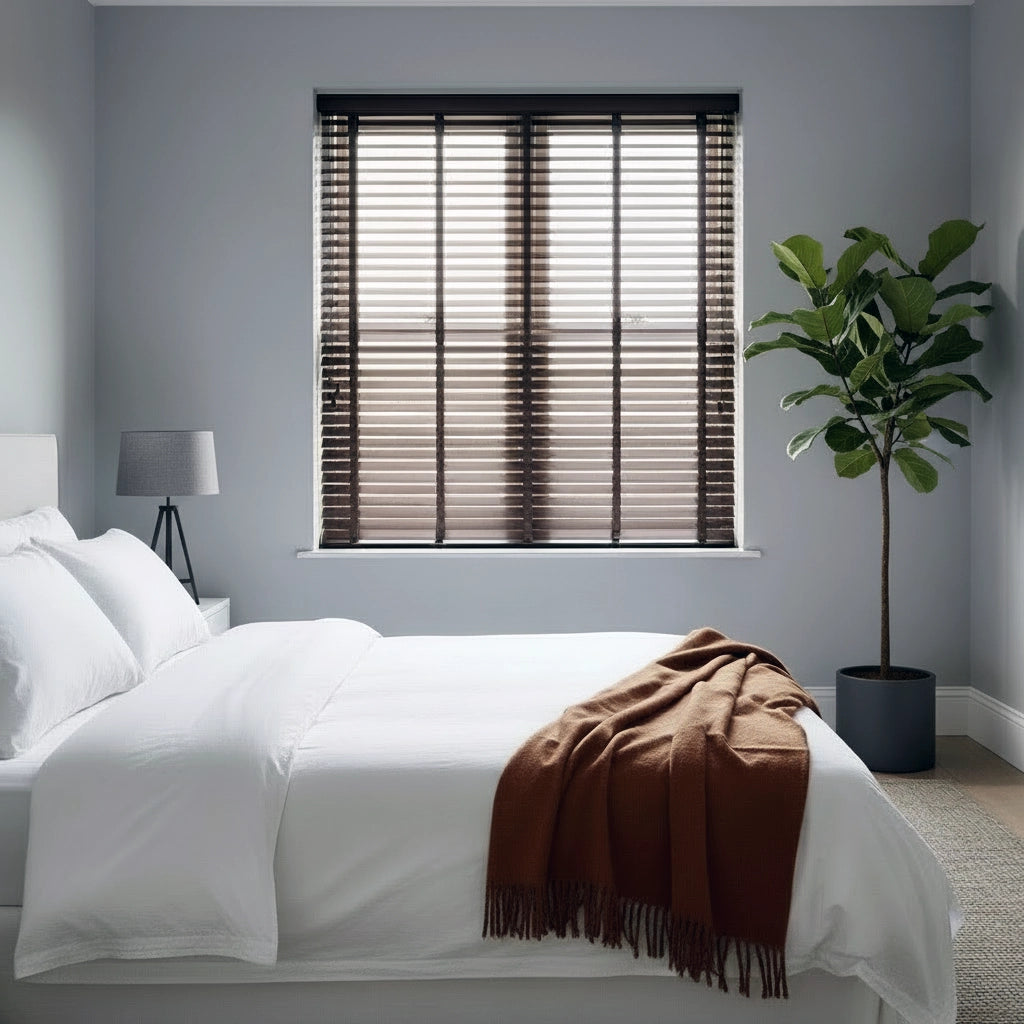 Dark wood 50mm Venetian blinds in modern bedroom with white bedding and brown throw, designed for light control and privacy by Linen and Co