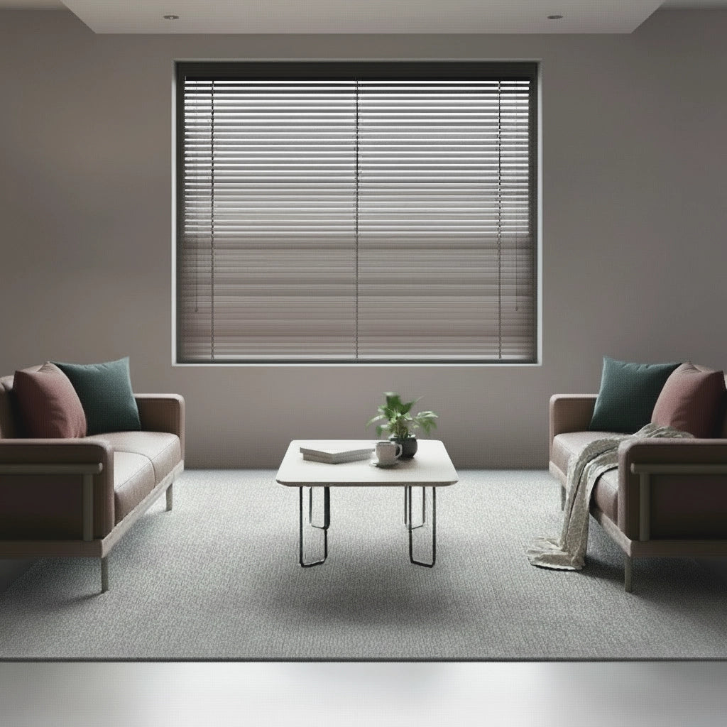 50mm wood Venetian blinds in modern living room with brown sofas and coffee table, designed for light control and privacy by Linen and Co