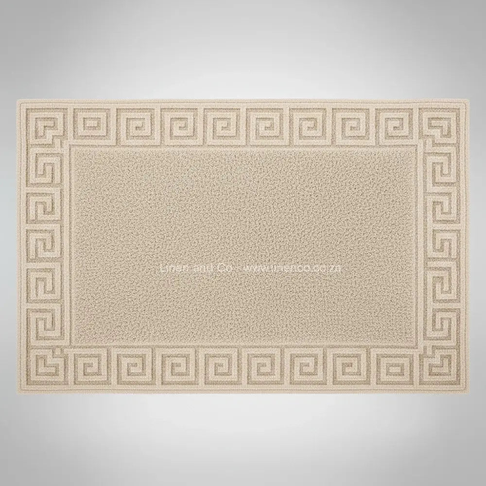 Beige bath mat with Greek Key Border from Linen and Co Hotel Collection - premium cotton terry hospitality textile