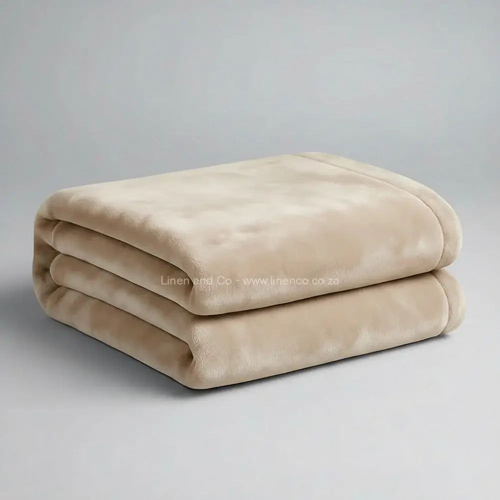 Beige luxury plush blanket neatly folded on light grey background - Linen and Co premium microfibre hospitality blanket