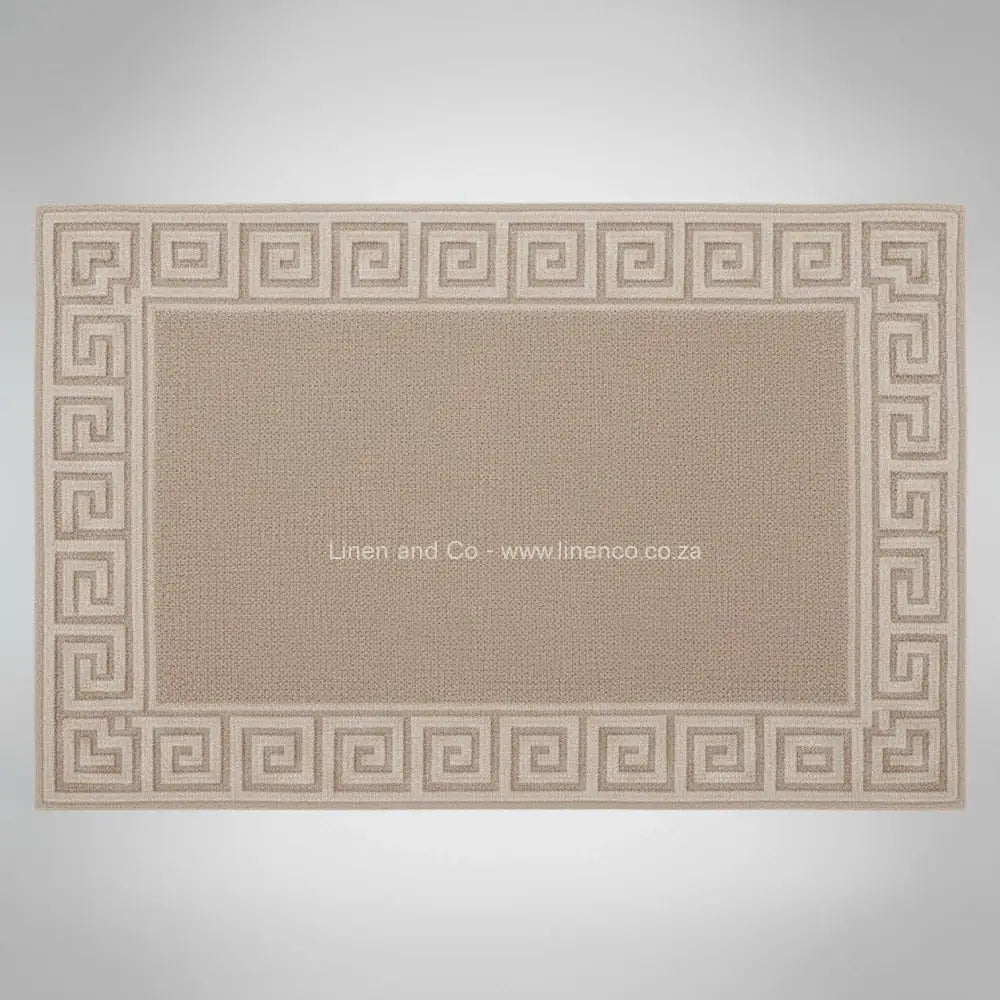 Beige bath mat with Greek Key Border from Linen and Co Hotel Collection - premium cotton terry hospitality textile