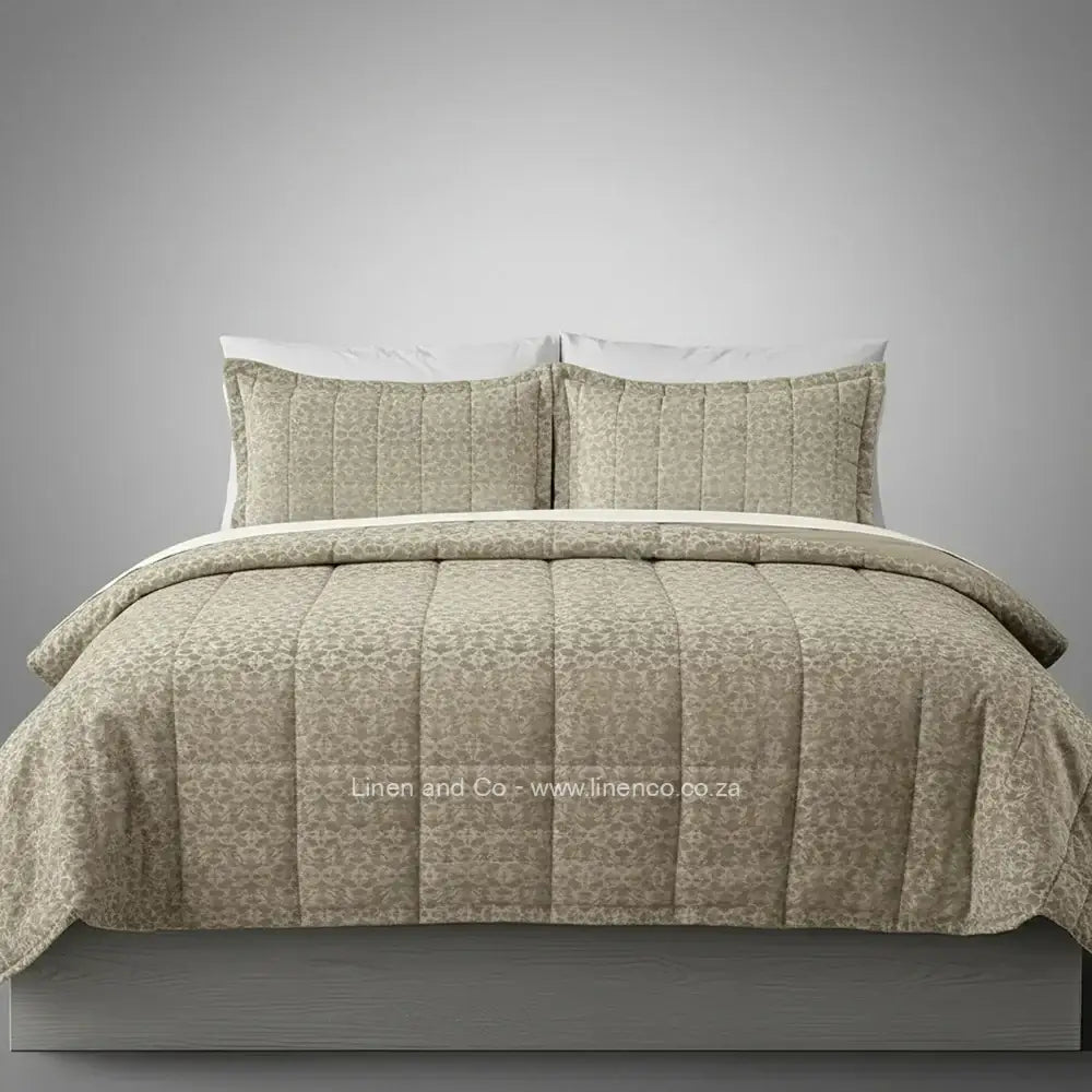 Luxury natural cologne comforter with quilted patterned design displayed on bed, featuring premium neutral tones and elegant texture, hospitality-grade bedding by Linen and Co