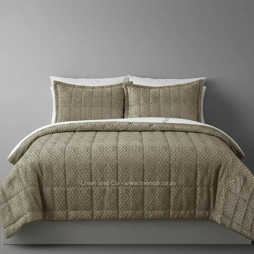 Luxury stone cambrige comforter with quilted patterned design displayed on bed, featuring premium neutral tones and elegant texture, hospitality-grade bedding by Linen and Co