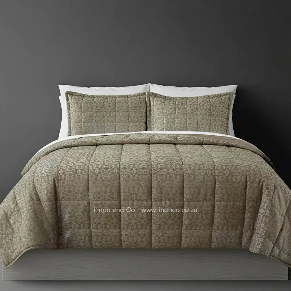 Luxury stone cologne comforter with quilted patterned design displayed on bed, featuring premium neutral tones and elegant texture, hospitality-grade bedding by Linen and Co