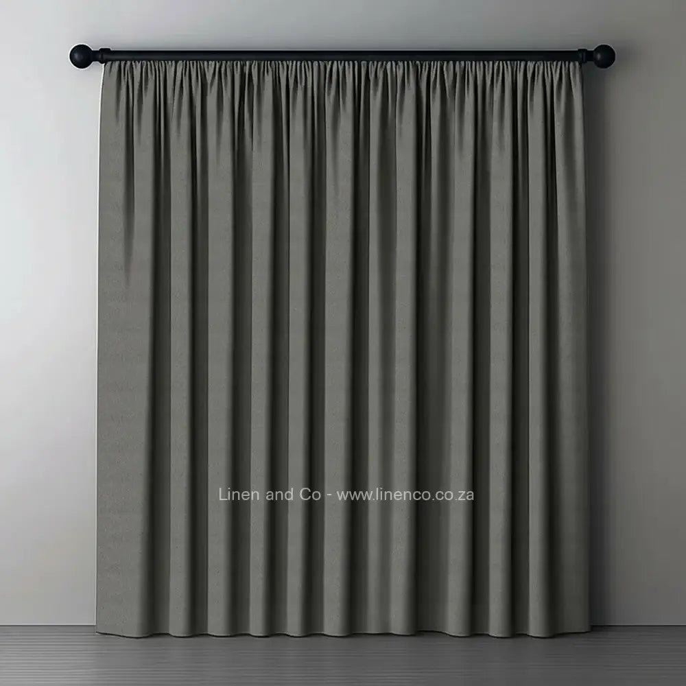 Grey taped woven blockout curtain with 70% shade reduction, professional hospitality-grade window treatment featuring refined texture and elegant tone for luxury interior design by Linen and Co