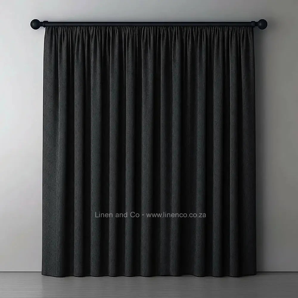 charcoal grey with tape header self lined blockout curtain with 100% shade reduction, professional hospitality-grade window treatment featuring refined texture and elegant tone for luxury interior design by Linen and Co