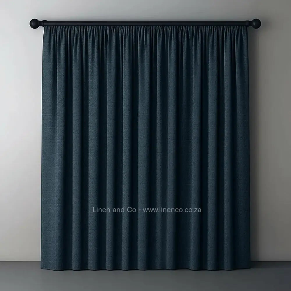 french blue with tape header self lined blockout curtain with 100% shade reduction, professional hospitality-grade window treatment featuring refined texture and elegant tone for luxury interior design by Linen and Co 