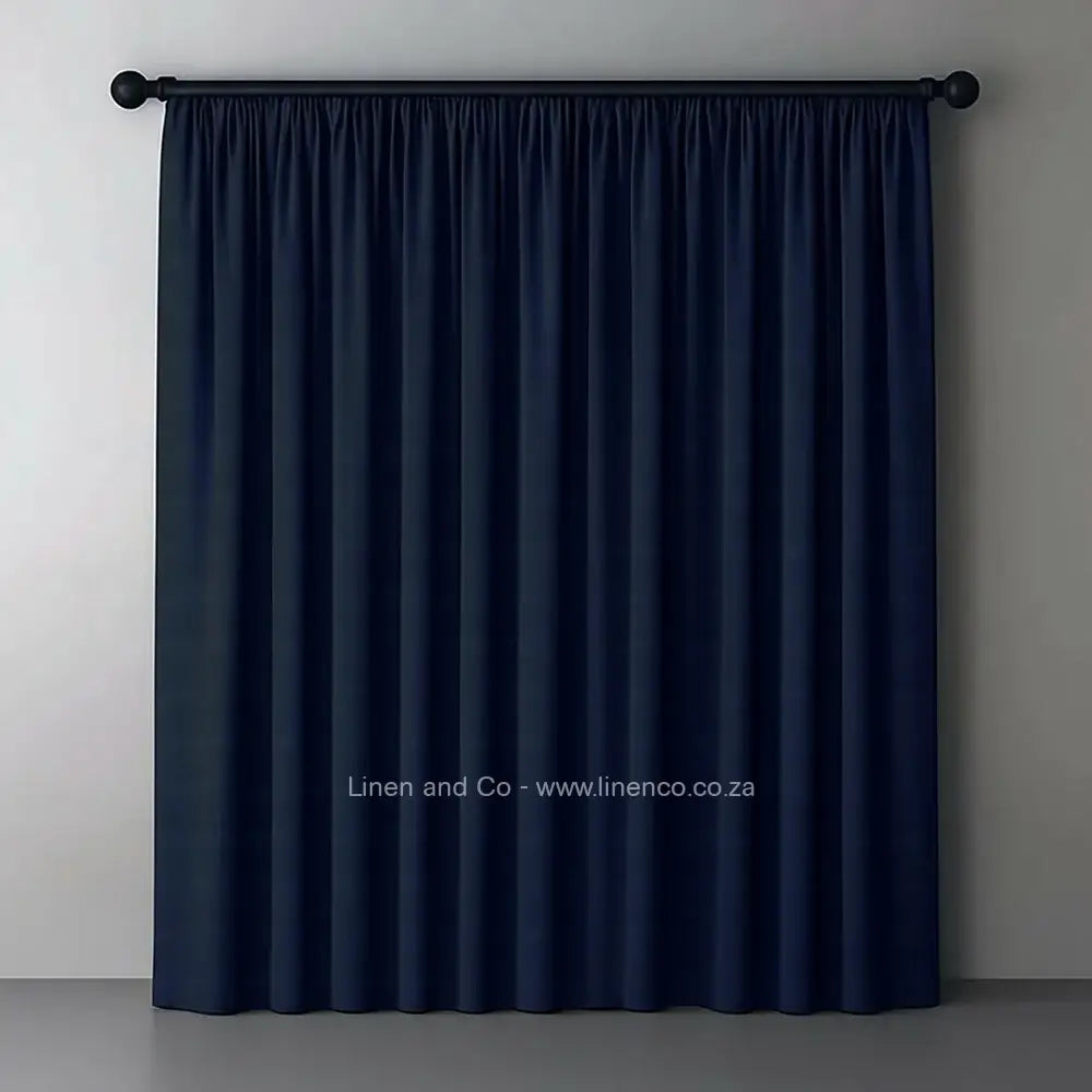 Navy taped woven blockout curtain with 70% shade reduction, professional hospitality-grade window treatment featuring refined texture and elegant tone for luxury interior design by Linen and Co