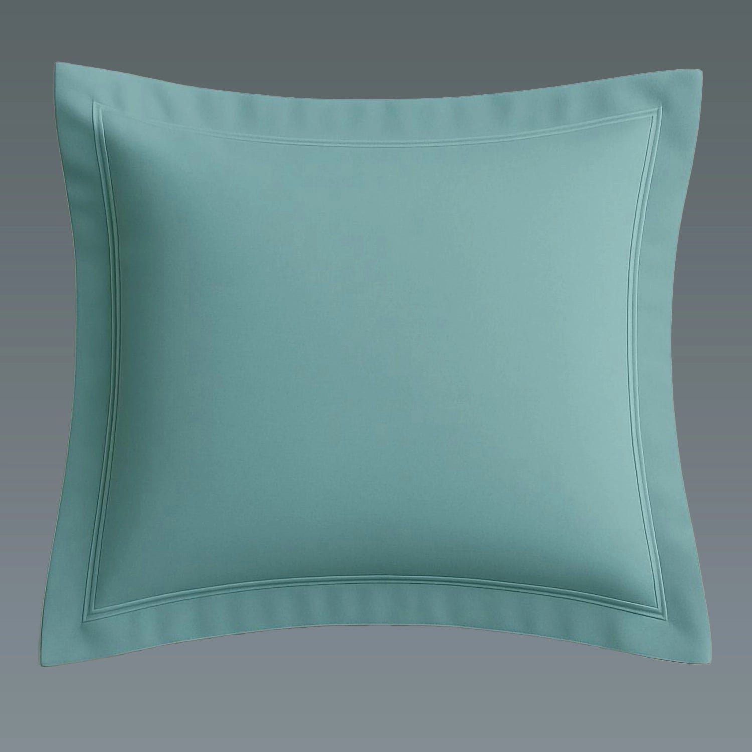 Duck Egg Oxford 2 Row Satin Stitch pillow case on a grey background