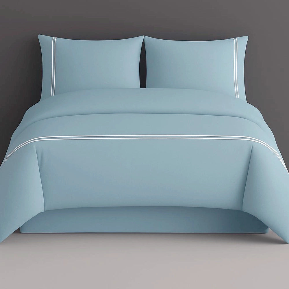 Duck egg blue polycotton percale duvet cover set with elegant two-row white satin stitch detailing. 200 thread count luxury bedding featuring soft, calming color and refined craftsmanship. Premium hospitality-grade linens perfect for boutique hotels and sophisticated home interiors.
