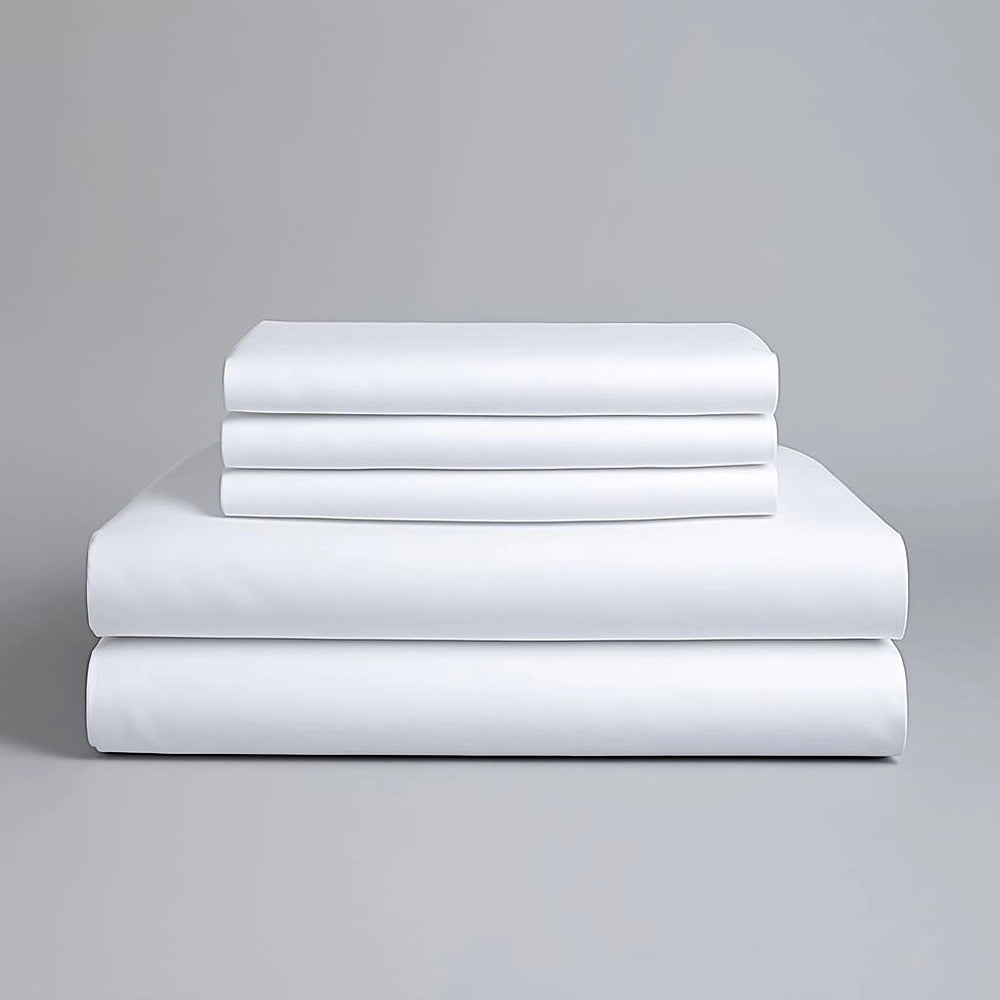 "Luxurious white cotton percale flat sheet with 200 thread count, Premium hospitality-grade bedding showcasing soft, high-quality fabric texture against a light grey background, perfect for hotels and discerning homes.
