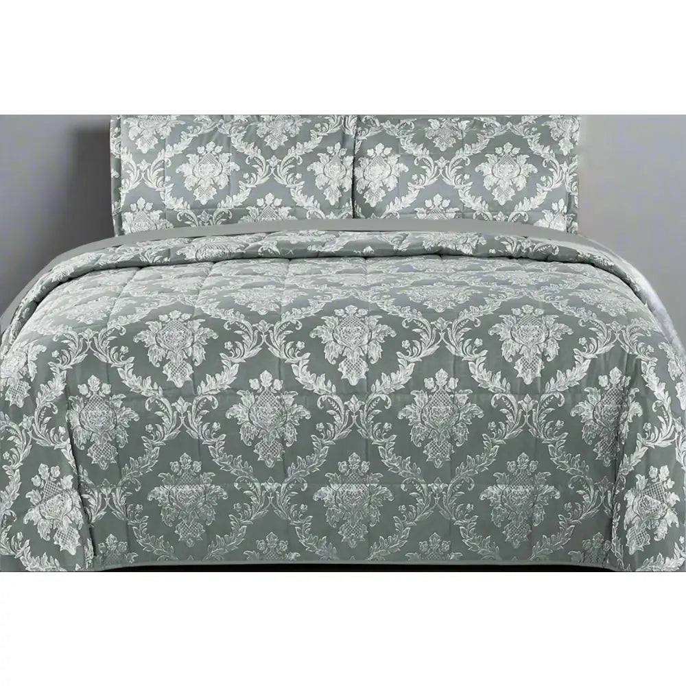 Grey Brisbane design Jacquard Quilted bedding set on a bed 