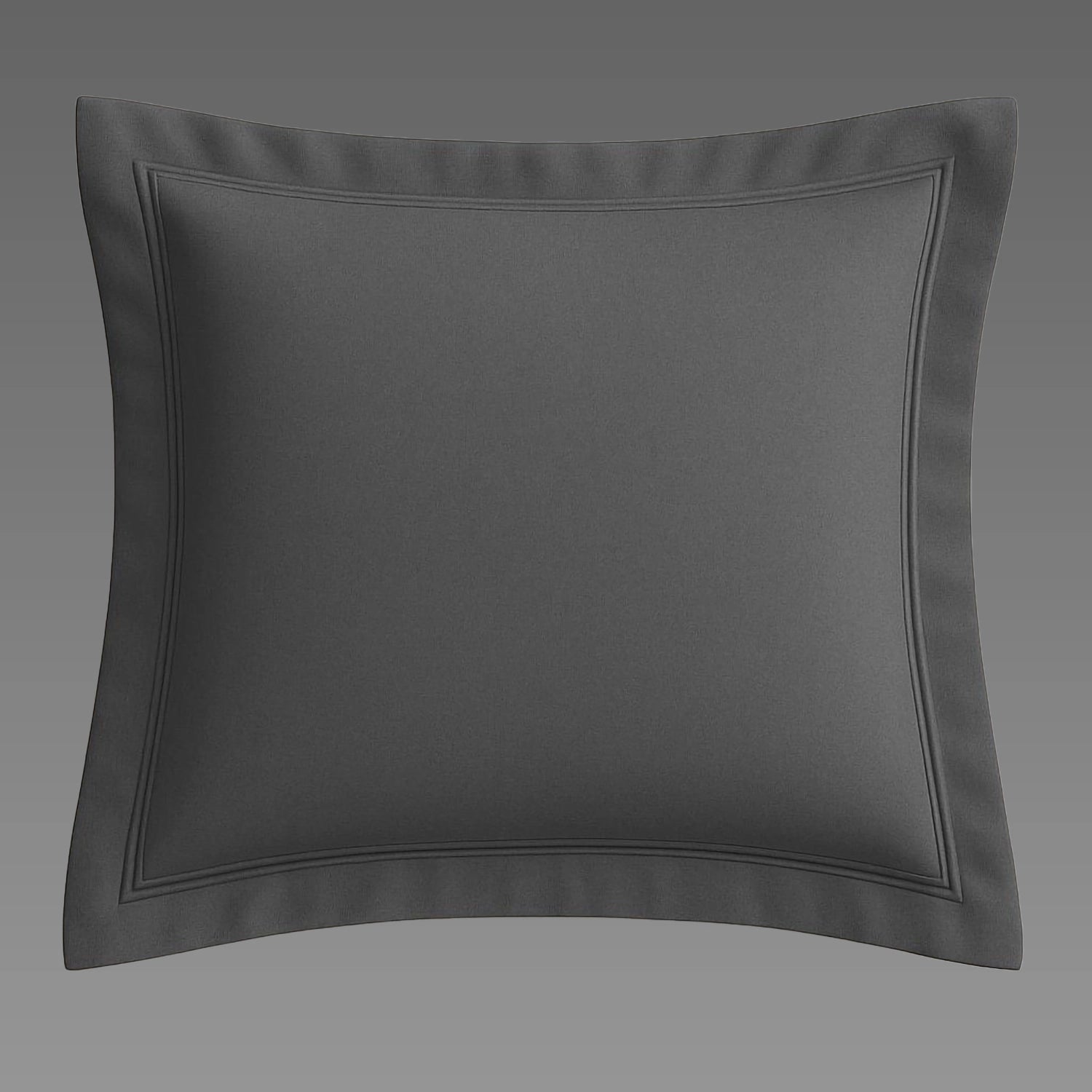 Grey Oxford 2 Row Satin Stitch pillow case on a grey background