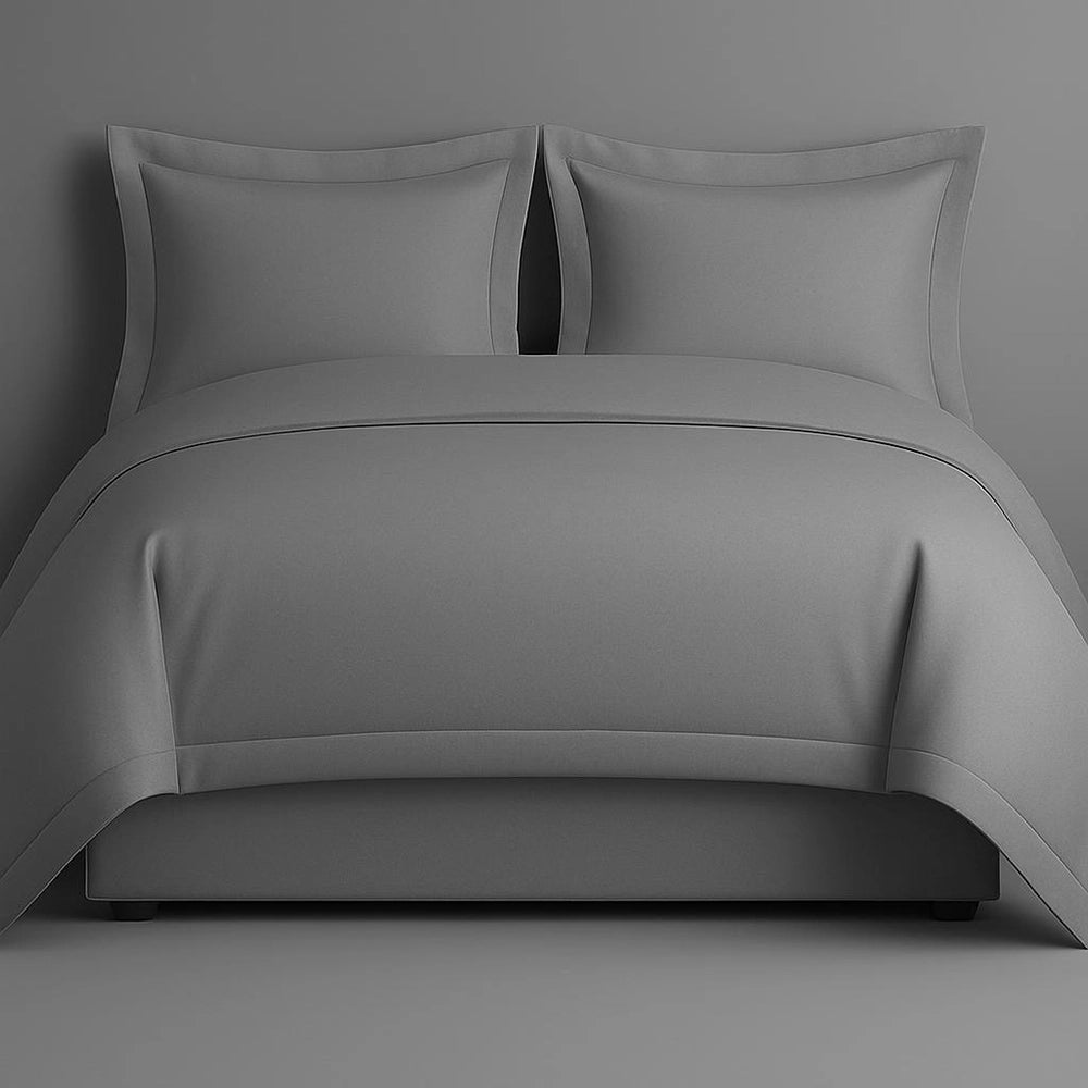 Grey Oxford polycotton percale duvet cover set with 200 thread count, showcasing sophisticated design and elegant drape. Luxury hospitality bedding in muted grey, featuring refined textile craftsmanship for hotels and modern homes