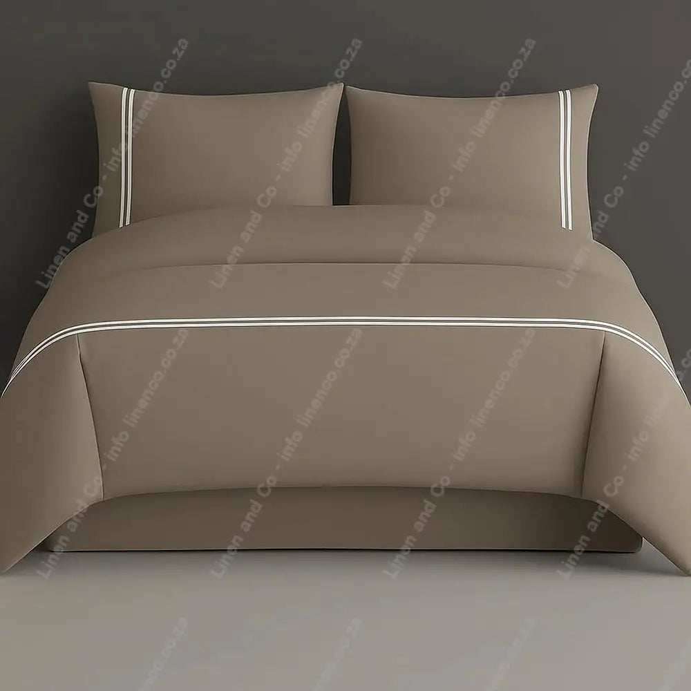 stone plain duvet cover set with two row satin stitch on a grey background