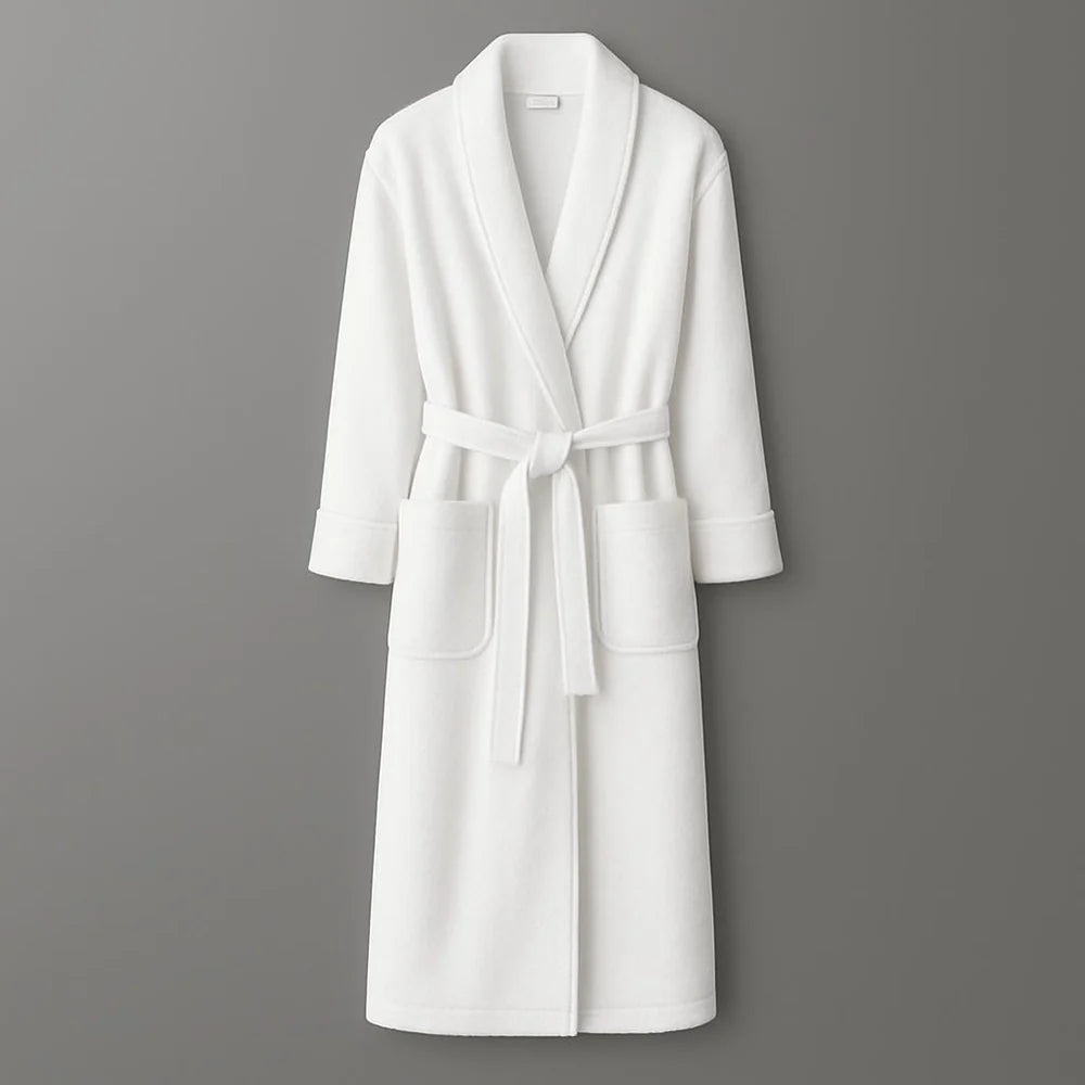 Linen and Co White Fleece Bath Robe on a Grey background
