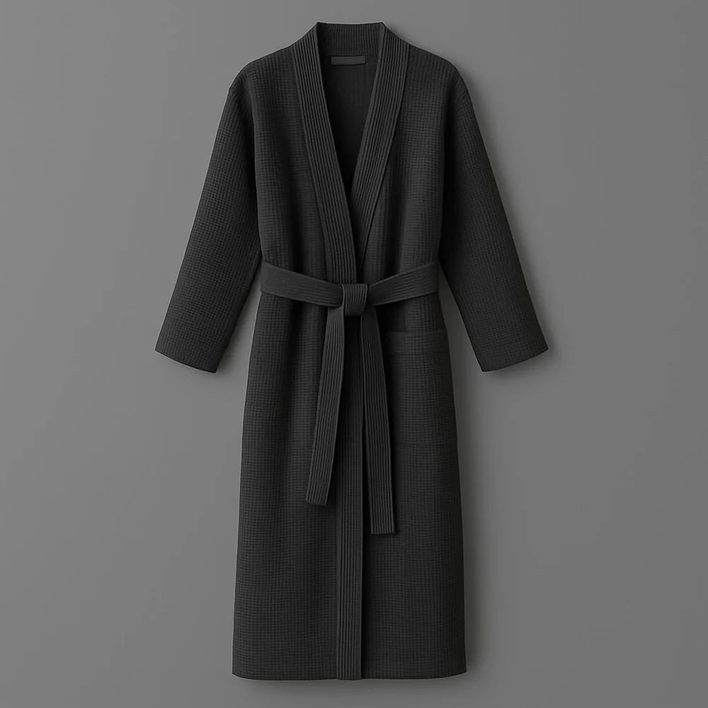 Linen and Co Grey Waffle bathrobe on a grey background