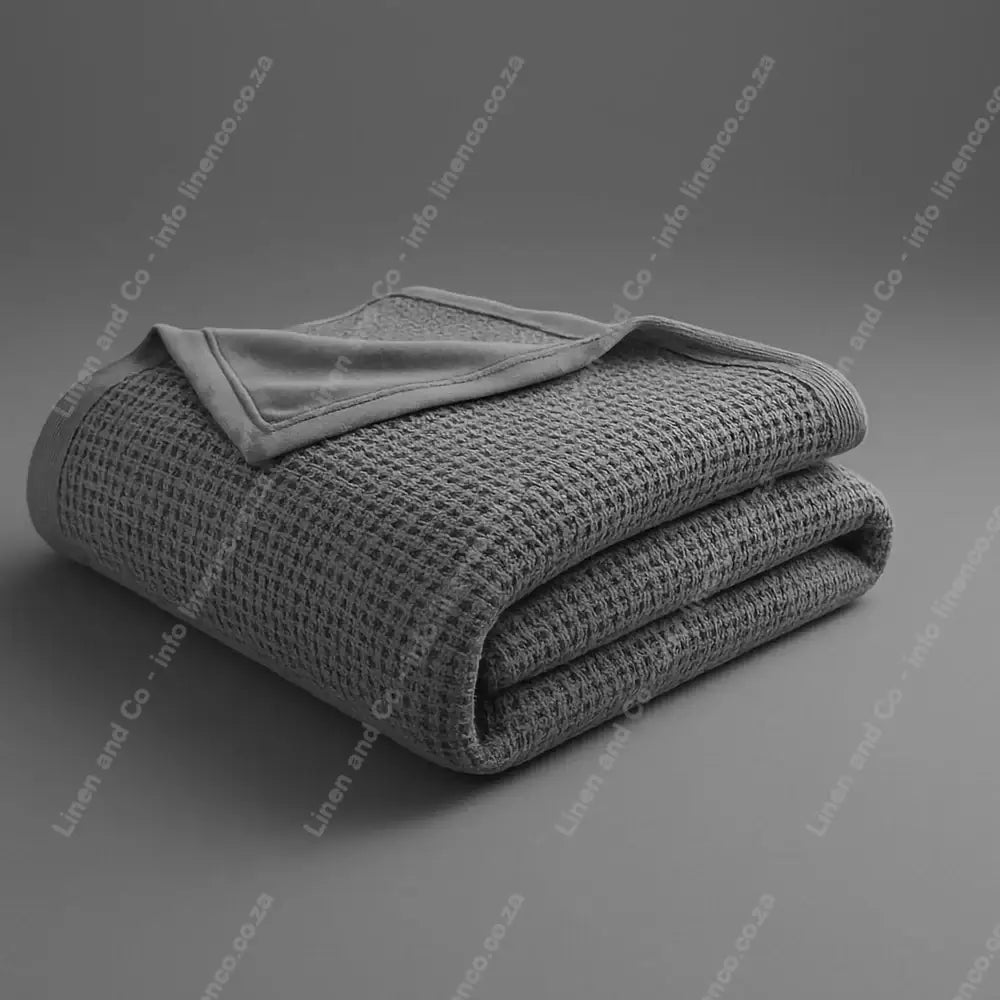 Linen and Co Grey Cotton Cellular blanket folded on a grey background