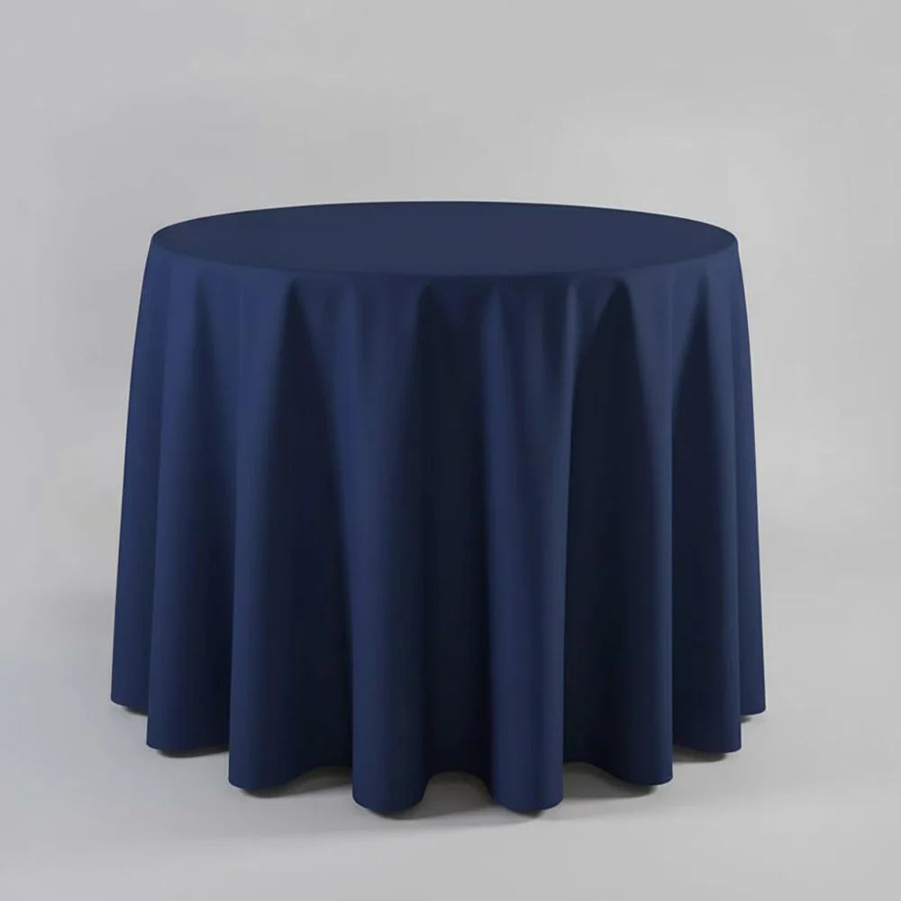 Navy Blue table Cloth on a round table with a light background