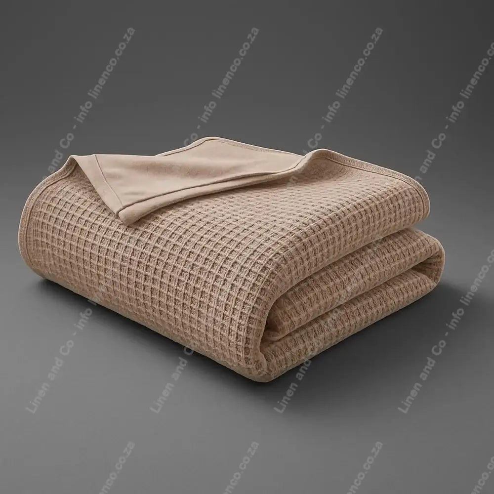 Linen and Co Pebble Cotton Cellular blanket folded on a grey background