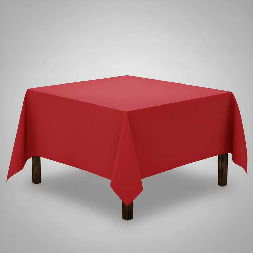 Red table Cloth on a square table with a light background