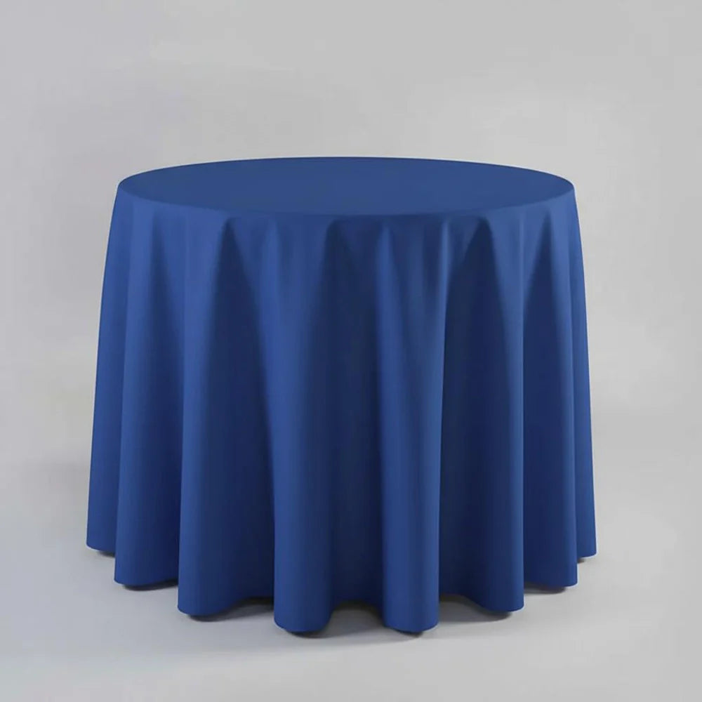 Royal Blue table Cloth on a round table with a light background