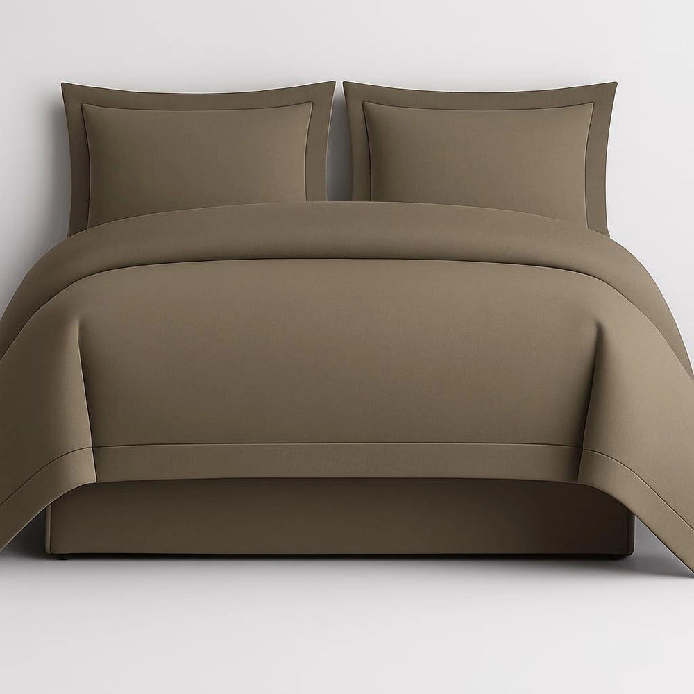 Linen and Co Stone Oxford 1 Row Satin Stitch Duvet Cover with matching Pillow Cases on a Grey background.