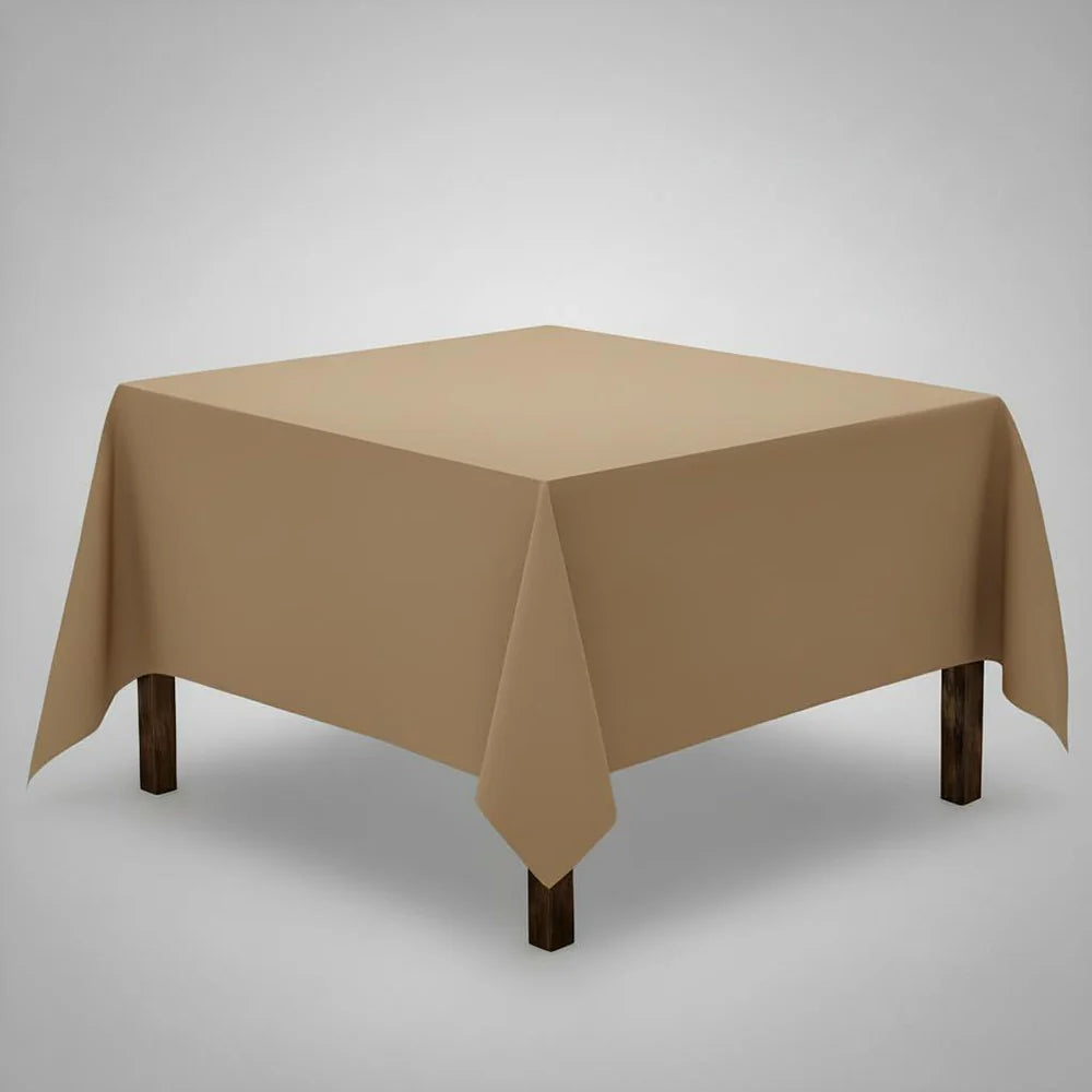 Tan table Cloth on a square table with a light background